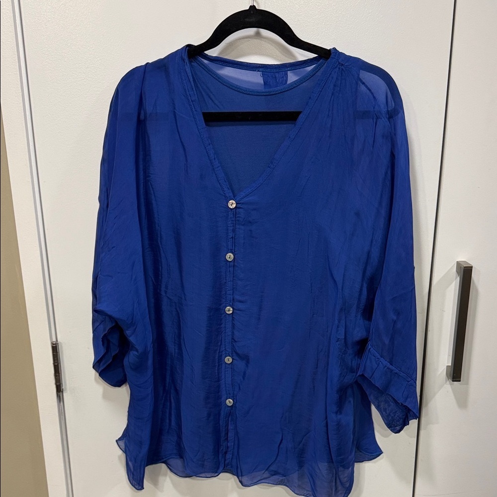 Women's Blue Silk Button-Up Top